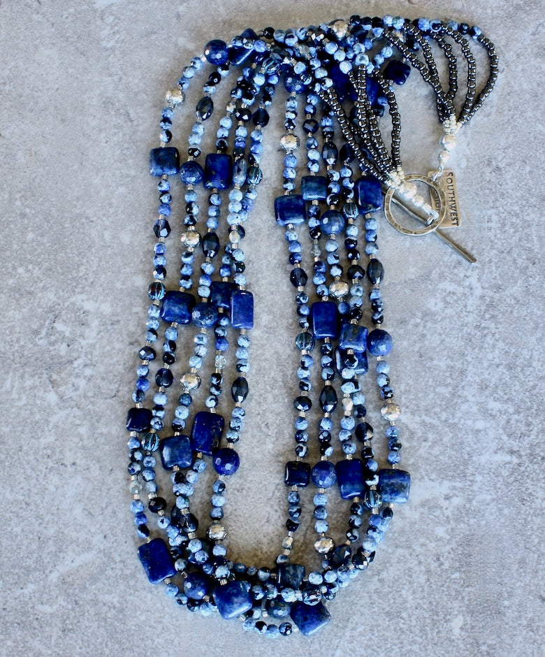 Blue Tiger Eye & Lapis 5-Strand Necklace with Czech Glass, Crystal and Sterling Silver