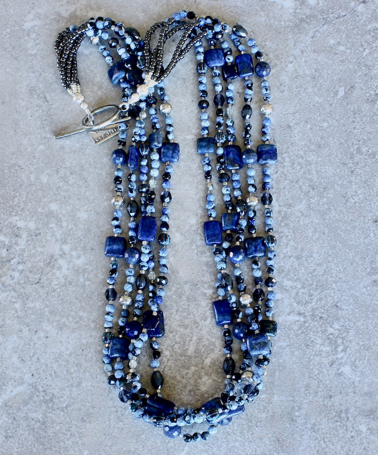 Blue Tiger Eye & Lapis 5-Strand Necklace with Czech Glass, Crystal and Sterling Silver
