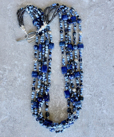 Blue Tiger Eye & Lapis 5-Strand Necklace with Czech Glass, Crystal and Sterling Silver