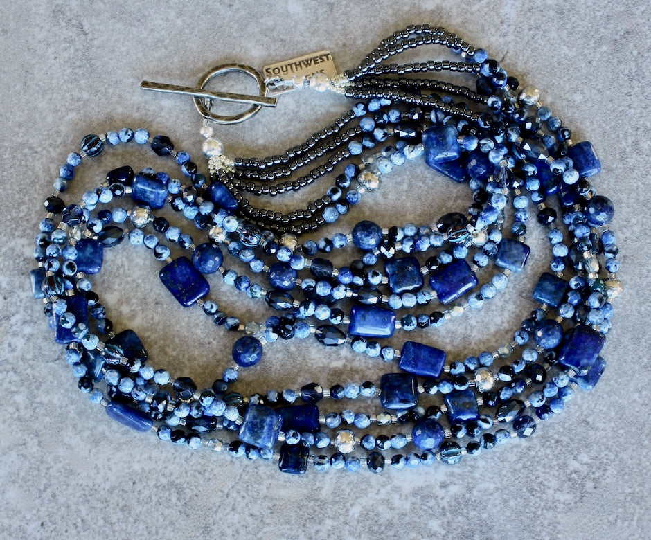 Blue Tiger Eye & Lapis 5-Strand Necklace with Czech Glass, Crystal and Sterling Silver