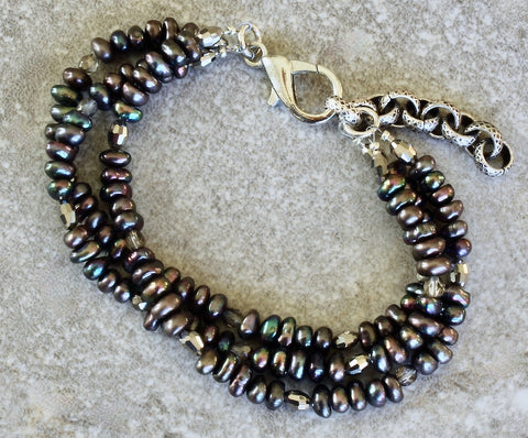 Bronze Pearl Rondelle Bead 3-Strand Bracelet with Czech Glass and a Silver Lobster Clasp and Extension Chain