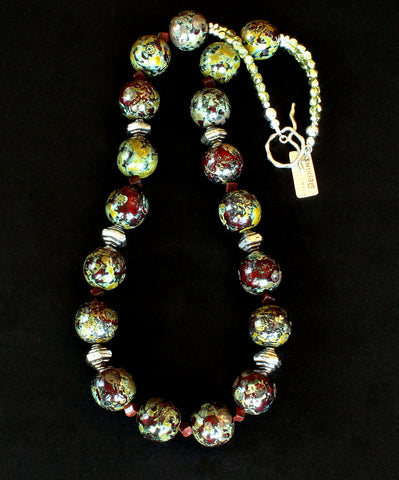 Burgundy, Gold and Moss Green Art Glass Necklace with Red Jasper Cubes, Czech Glass and Sterling Silver Beads & Toggle Clasp