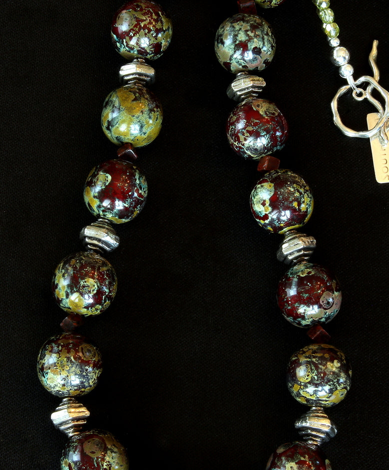 Burgundy, Gold and Moss Green Art Glass Necklace with Red Jasper Cubes, Czech Glass and Sterling Silver Beads & Toggle Clasp