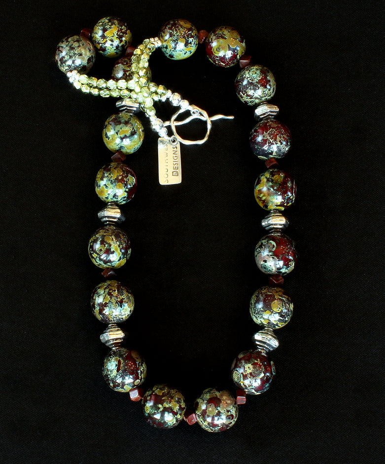 Burgundy, Gold and Moss Green Art Glass Necklace with Red Jasper Cubes, Czech Glass and Sterling Silver Beads & Toggle Clasp