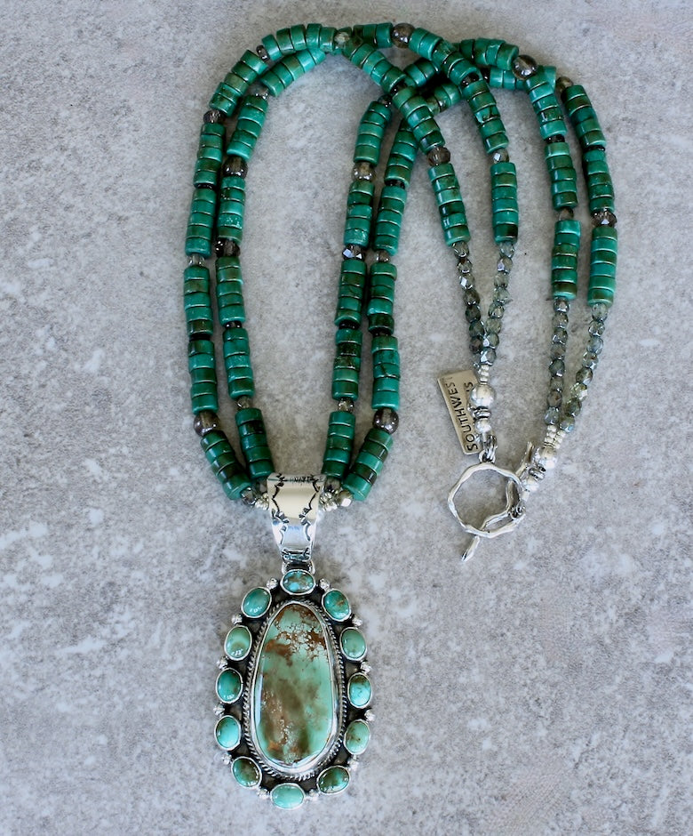 Navajo 13-Stone Royston Turquoise & Sterling Silver Pendant with 2 Strands of Turquoise Heishi, Czech Glass and Sterling 
