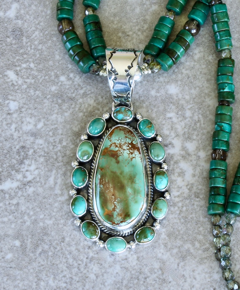 Navajo 13-Stone Royston Turquoise & Sterling Silver Pendant with 2 Strands of Turquoise Heishi, Czech Glass and Sterling 