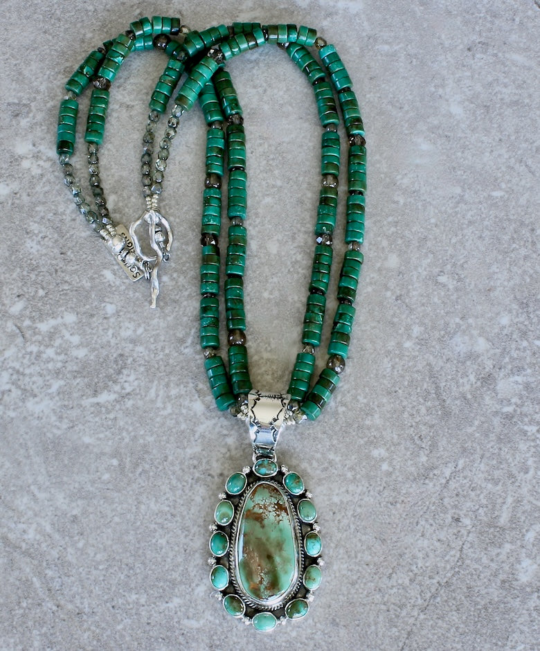 Navajo 13-Stone Royston Turquoise & Sterling Silver Pendant with 2 Strands of Turquoise Heishi, Czech Glass and Sterling 