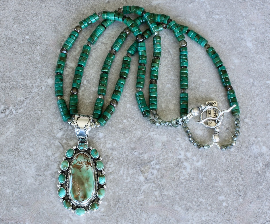 Navajo 13-Stone Royston Turquoise & Sterling Silver Pendant with 2 Strands of Turquoise Heishi, Czech Glass and Sterling 