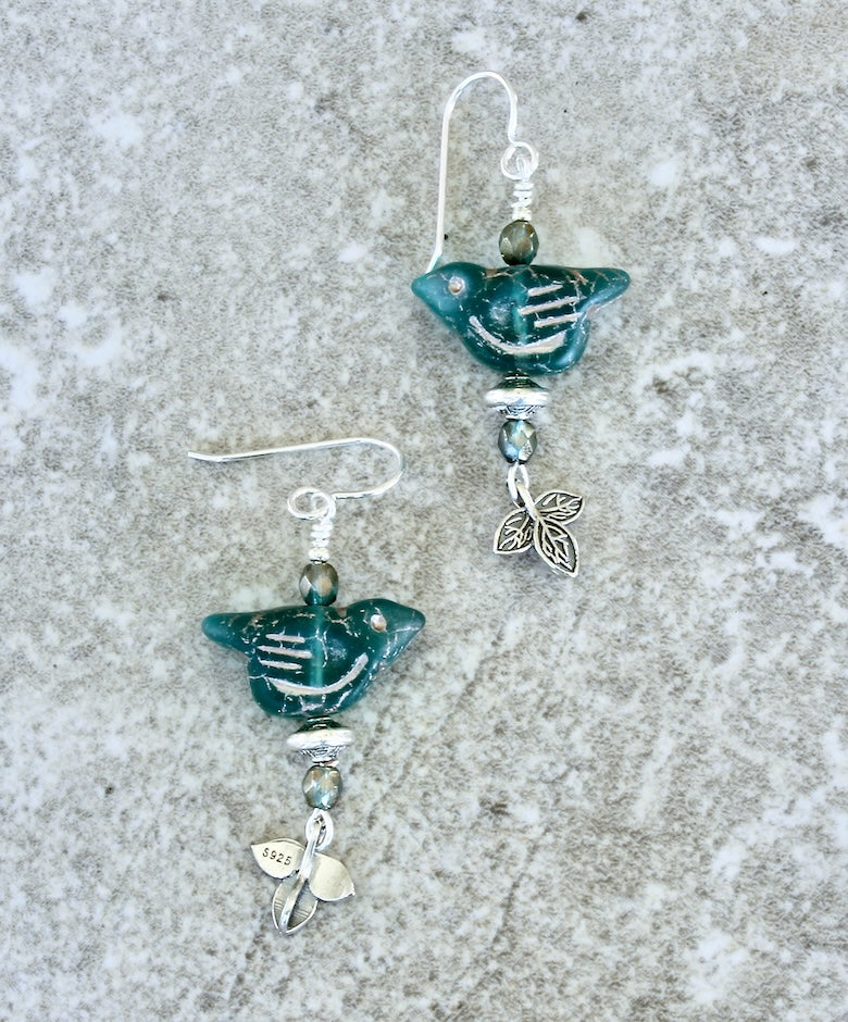 Capri-Blue Glass Bird Earrings with Fire Polished Glass and 3-Petal Sterling Silver Leaf Charms