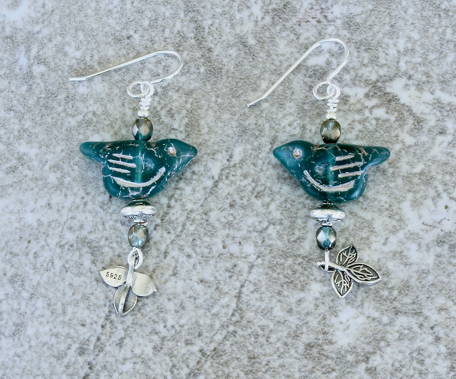 Capri-Blue Glass Bird Earrings with Fire Polished Glass and 3-Petal Sterling Silver Leaf Charms