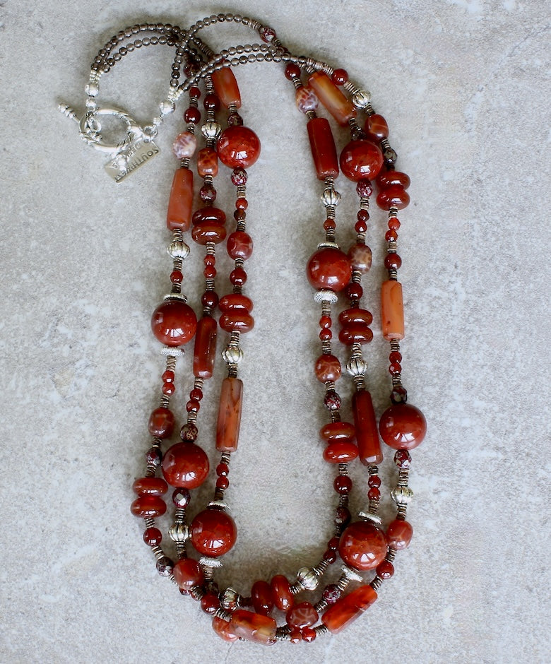 Carnelian, Red Agate, Fire Agate & Czech Glass 3-Strand Necklace with Olive Shell Heishi and Sterling