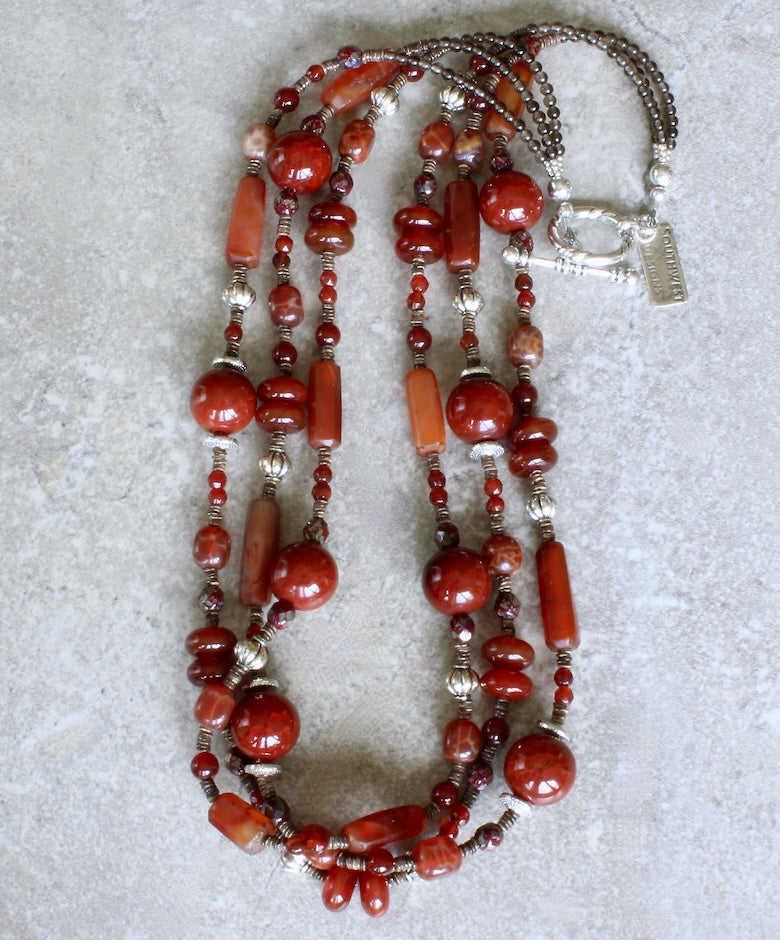 Carnelian, Red Agate, Fire Agate & Czech Glass 3-Strand Necklace with Olive Shell Heishi and Sterling