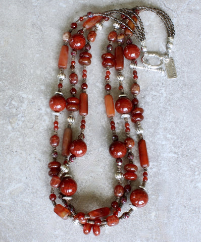 Carnelian, Red Agate, Fire Agate & Czech Glass 3-Strand Necklace with Olive Shell Heishi and Sterling