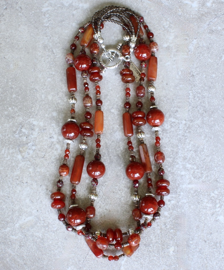 Carnelian, Red Agate, Fire Agate & Czech Glass 3-Strand Necklace with Olive Shell Heishi and Sterling