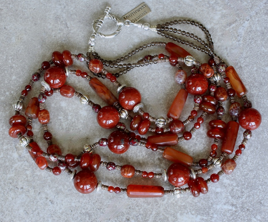Carnelian, Red Agate, Fire Agate & Czech Glass 3-Strand Necklace with Olive Shell Heishi and Sterling