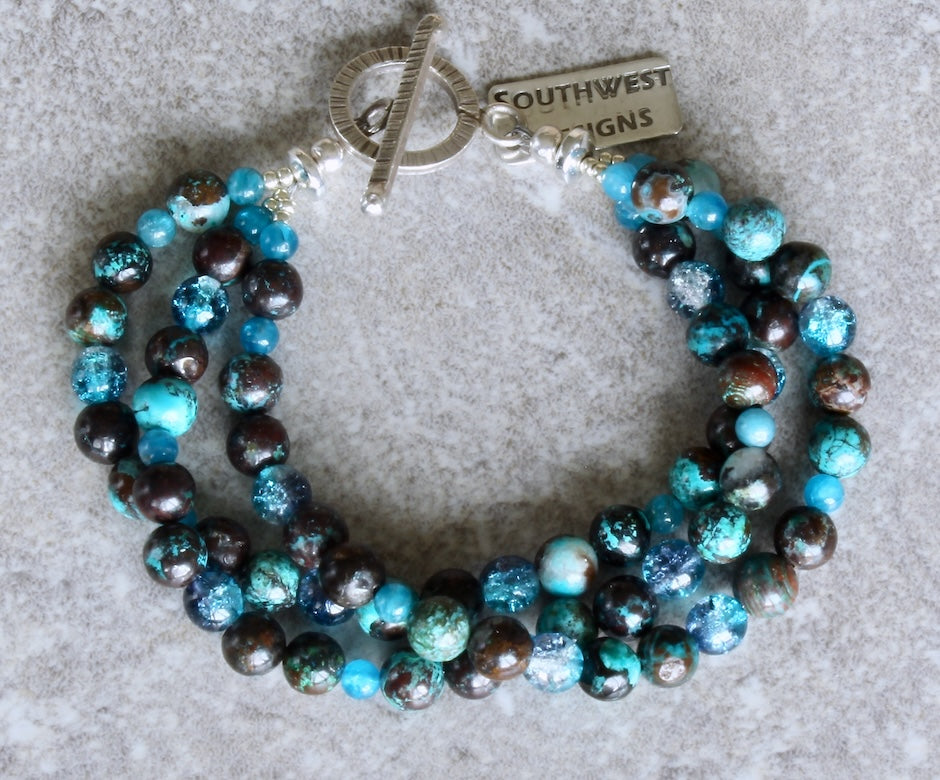 Azurite Chrysocolla Rounds 3-Strand Bracelet with Apatite Rounds and a Sterling Silver Toggle Clasp