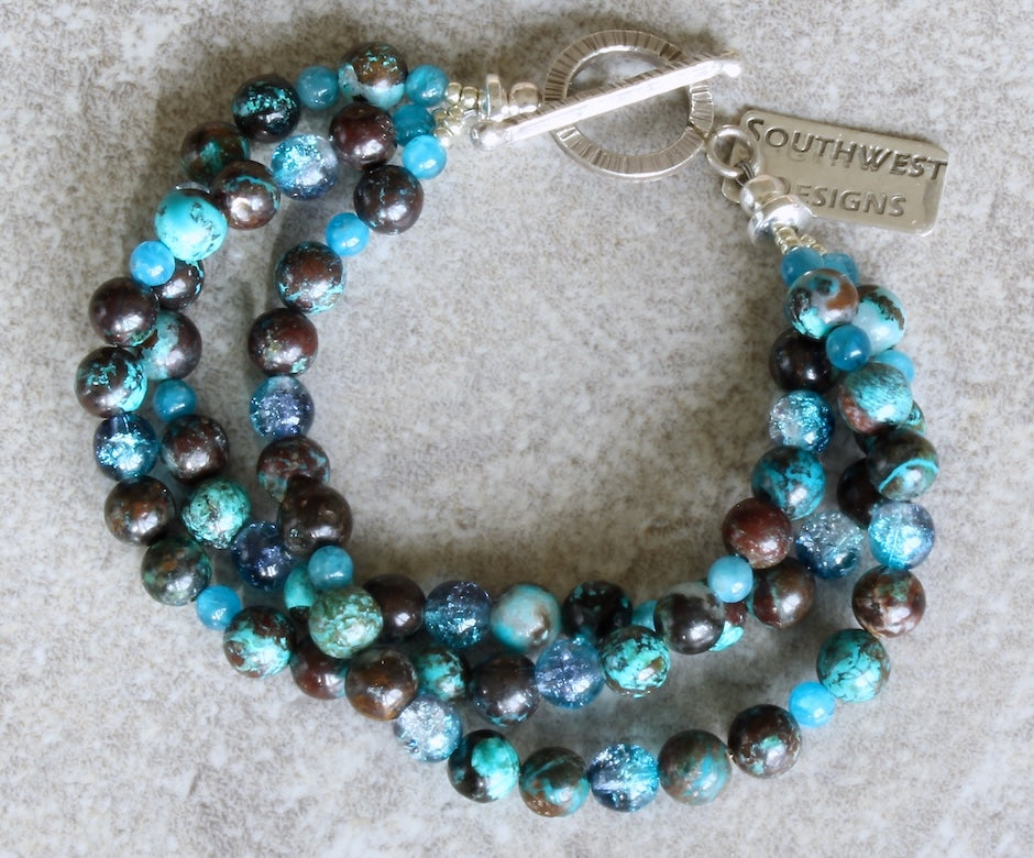 Azurite Chrysocolla Rounds 3-Strand Bracelet with Apatite Rounds and a Sterling Silver Toggle Clasp