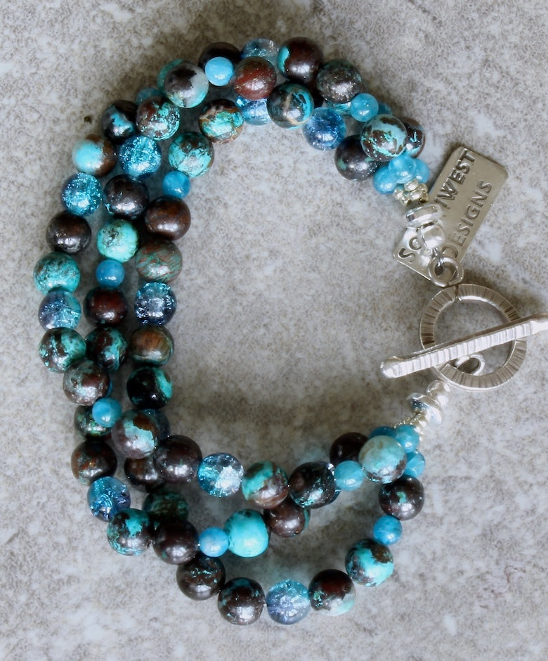 Azurite Chrysocolla Rounds 3-Strand Bracelet with Apatite Rounds and a Sterling Silver Toggle Clasp