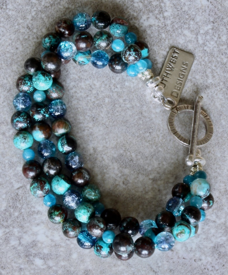 Azurite Chrysocolla Rounds 3-Strand Bracelet with Apatite Rounds and a Sterling Silver Toggle Clasp