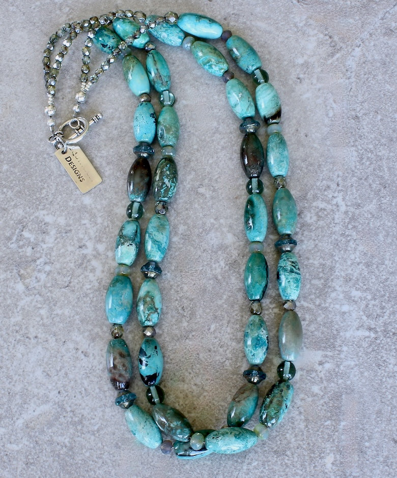 Chrysocolla Barrel Bead 2-Strand Necklace with Czech Glass & Specialty Glass and a Sterling Silver Toggle Clasp