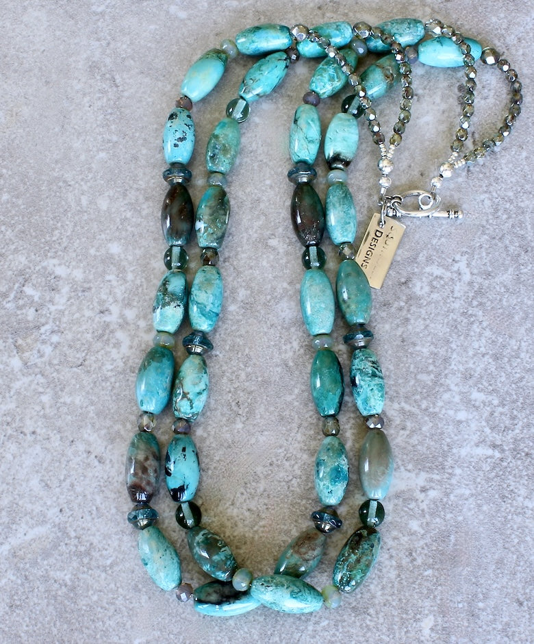 Chrysocolla Barrel Bead 2-Strand Necklace with Czech Glass & Specialty Glass and a Sterling Silver Toggle Clasp