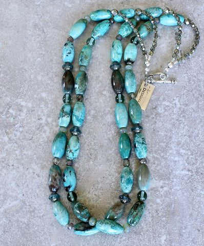 Chrysocolla Barrel Bead 2-Strand Necklace with Czech Glass & Specialty Glass and a Sterling Silver Toggle Clasp