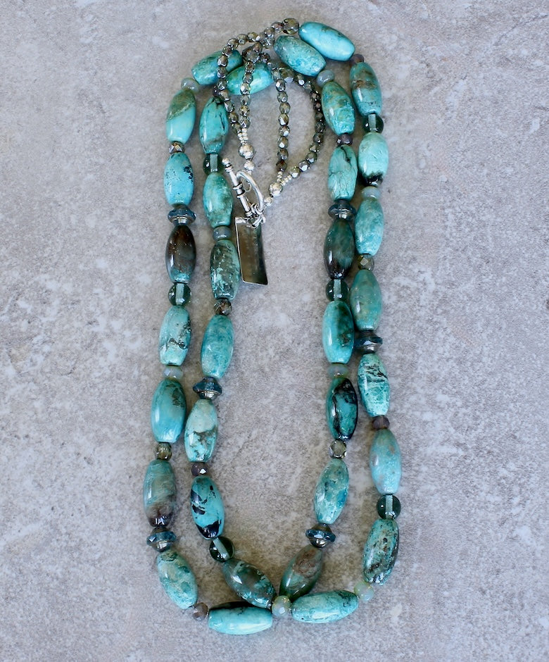 Chrysocolla Barrel Bead 2-Strand Necklace with Czech Glass & Specialty Glass and a Sterling Silver Toggle Clasp