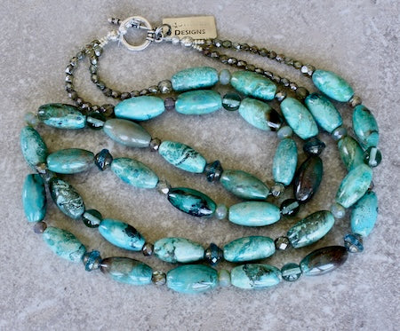 Chrysocolla Barrel Bead 2-Strand Necklace with Czech Glass & Specialty Glass and a Sterling Silver Toggle Clasp
