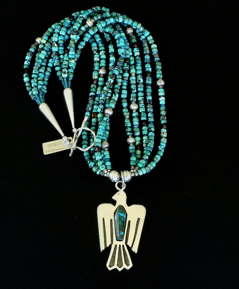 Chrysocolla Malachite and Sterling Silver Thunderbird Pendant with 5 Strands of Turquoise