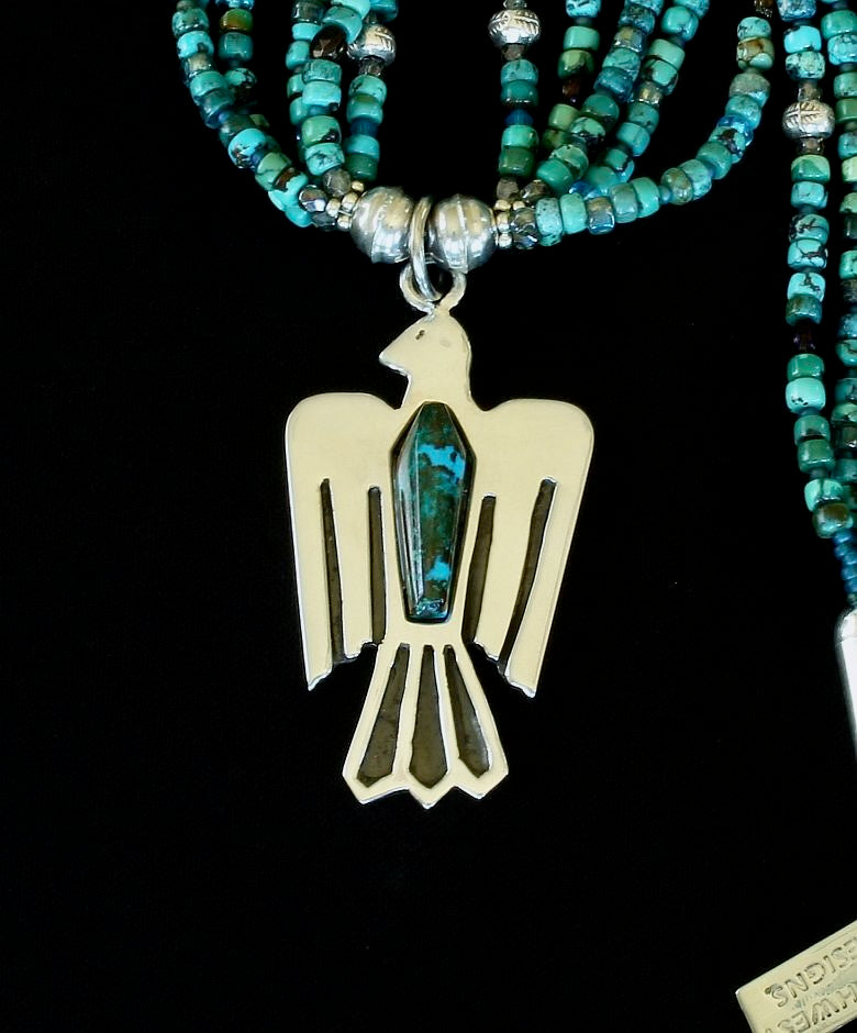 Chrysocolla Malachite and Sterling Silver Thunderbird Pendant with 5 Strands of Turquoise