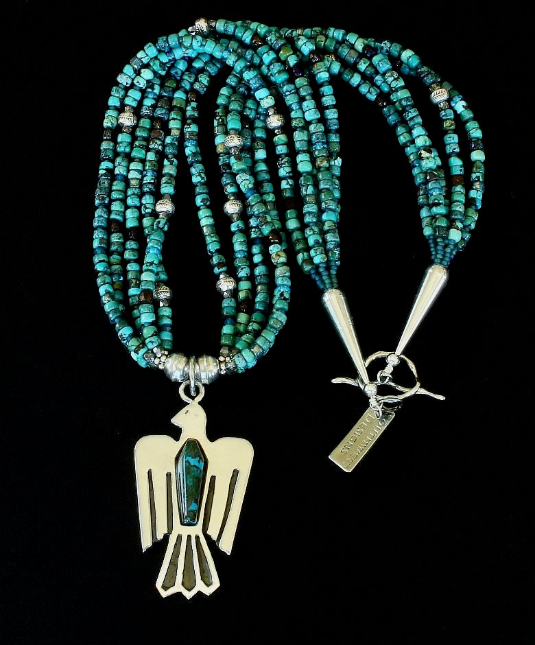 Chrysocolla Malachite and Sterling Silver Thunderbird Pendant with 5 Strands of Turquoise