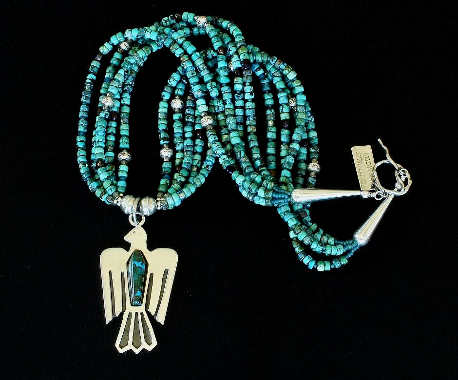 Chrysocolla Malachite and Sterling Silver Thunderbird Pendant with 5 Strands of Turquoise