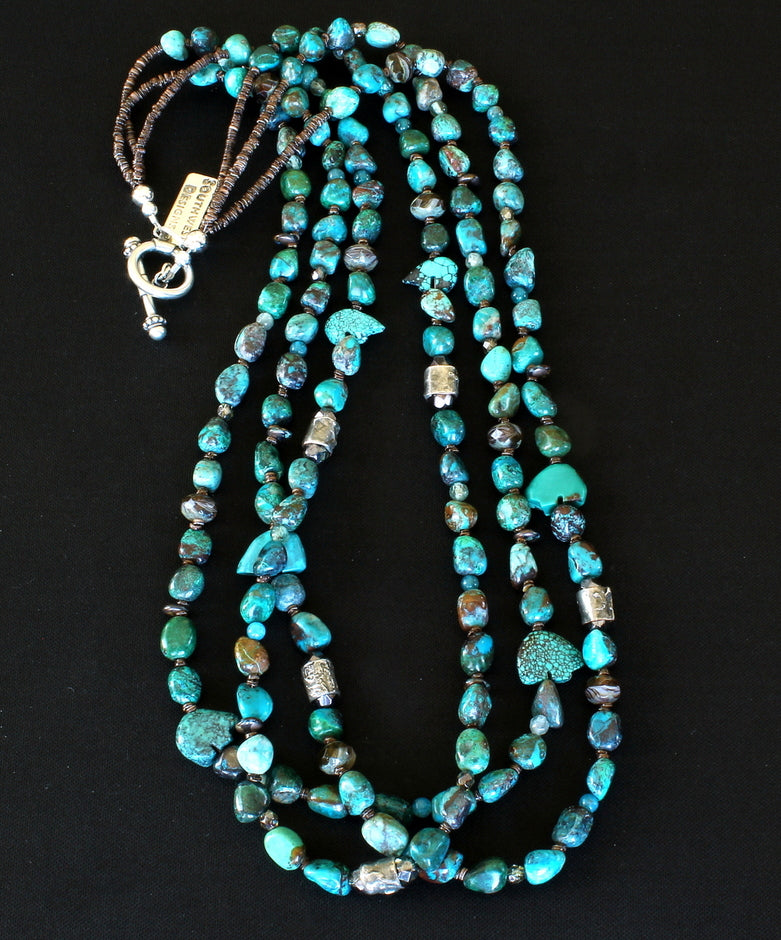 Chrysocolla Nugget 3-Strand Necklace with MoltenMojo Cylinder Beads, Apatite Rounds, Czech Glass, Turquoise Zuni Bears & Sterling