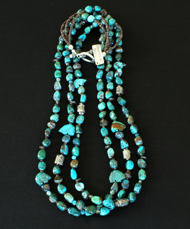 Chrysocolla Nugget 3-Strand Necklace with MoltenMojo Cylinder Beads, Apatite Rounds, Czech Glass, Turquoise Zuni Bears & Sterling