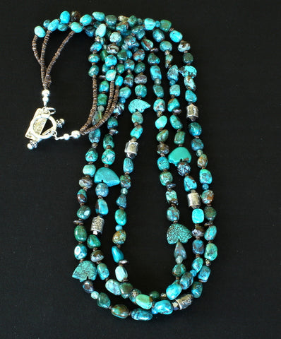 Chrysocolla Nugget 3-Strand Necklace with MoltenMojo Cylinder Beads, Apatite Rounds, Czech Glass, Turquoise Zuni Bears & Sterling
