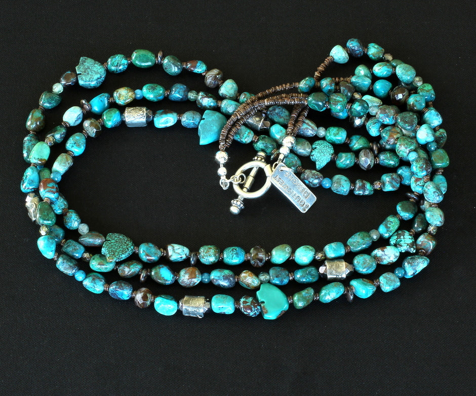 Chrysocolla Nugget 3-Strand Necklace with MoltenMojo Cylinder Beads, Apatite Rounds, Czech Glass, Turquoise Zuni Bears & Sterling