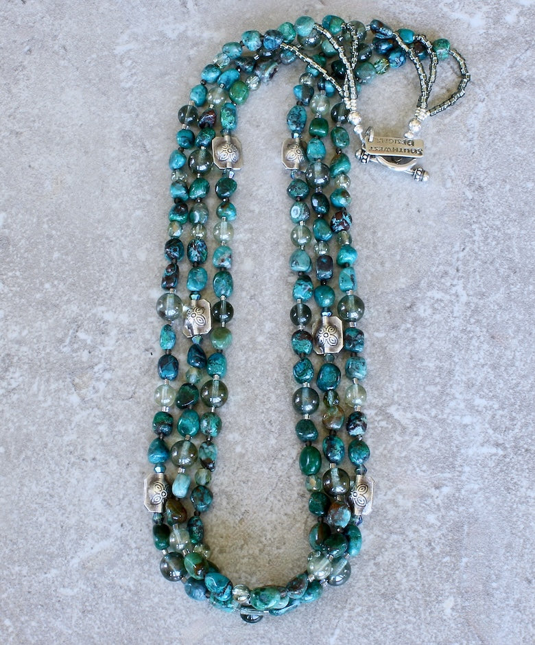 Chrysocolla Pebble 3-Strand Necklace with Multi-Hued Czech Glass and Sterling Silver Beads and Toggle Clasp