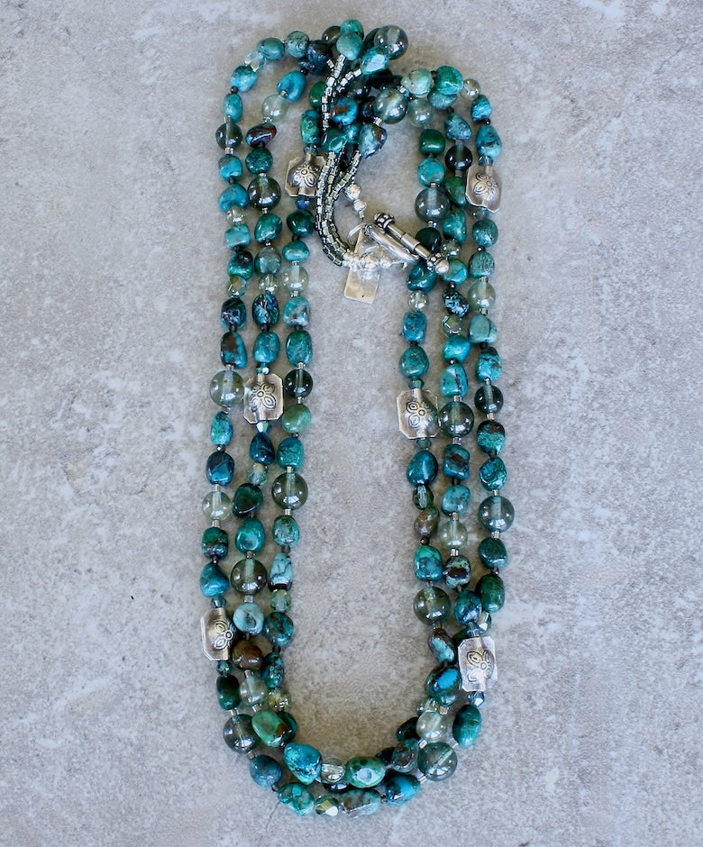 Chrysocolla Pebble 3-Strand Necklace with Multi-Hued Czech Glass and Sterling Silver Beads and Toggle Clasp