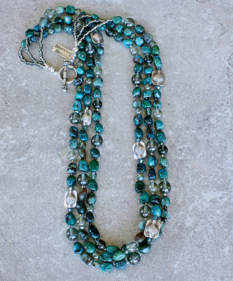 Chrysocolla Pebble 3-Strand Necklace with Multi-Hued Czech Glass and Sterling Silver Beads and Toggle Clasp