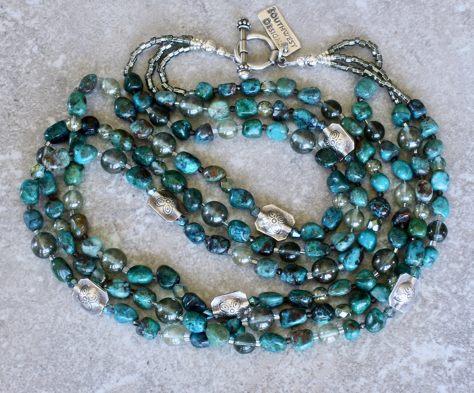 Chrysocolla Pebble 3-Strand Necklace with Multi-Hued Czech Glass and Sterling Silver Beads and Toggle Clasp