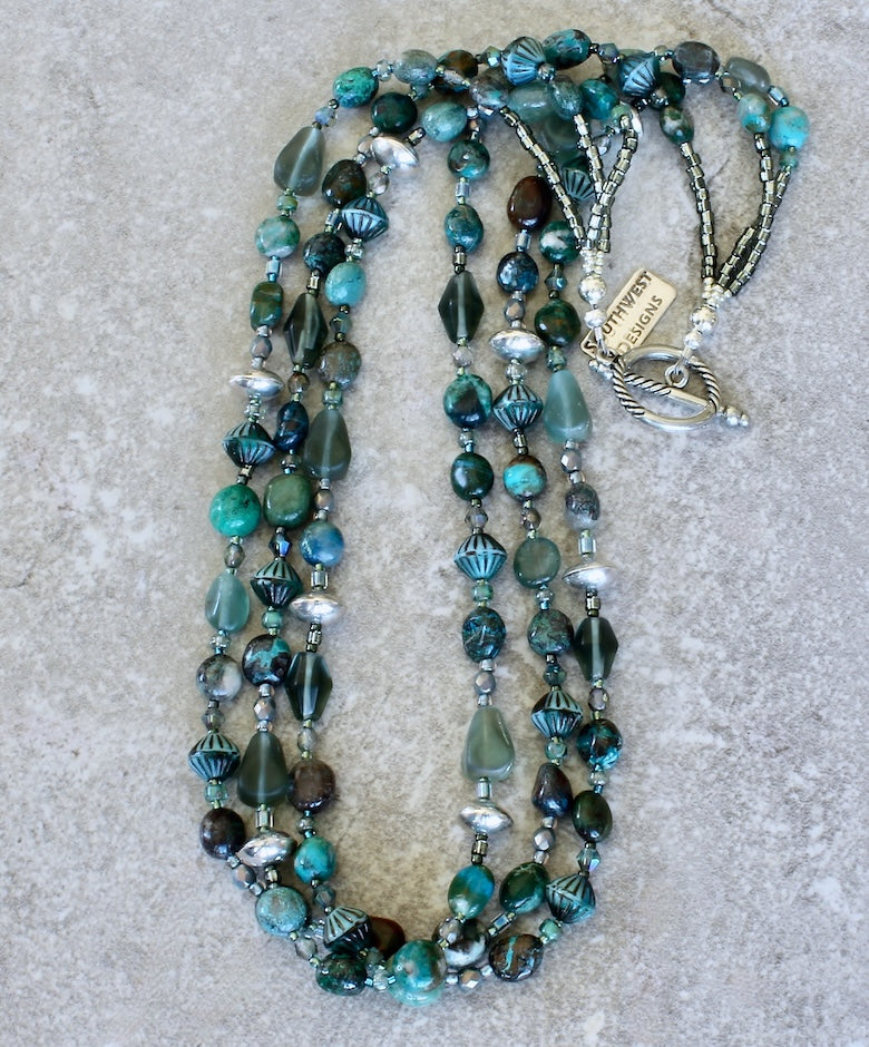 Chrysocolla Ovals 3-Strand Necklace with Apatite, Czech Glass and Sterling Silver