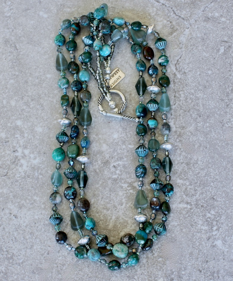Chrysocolla Ovals 3-Strand Necklace with Apatite, Czech Glass and Sterling Silver