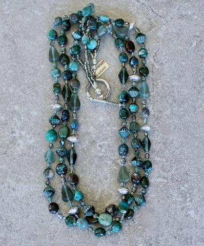 Chrysocolla Ovals 3-Strand Necklace with Apatite, Czech Glass and Sterling Silver