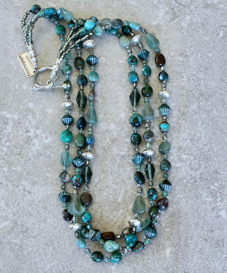 Chrysocolla Ovals 3-Strand Necklace with Apatite, Czech Glass and Sterling Silver
