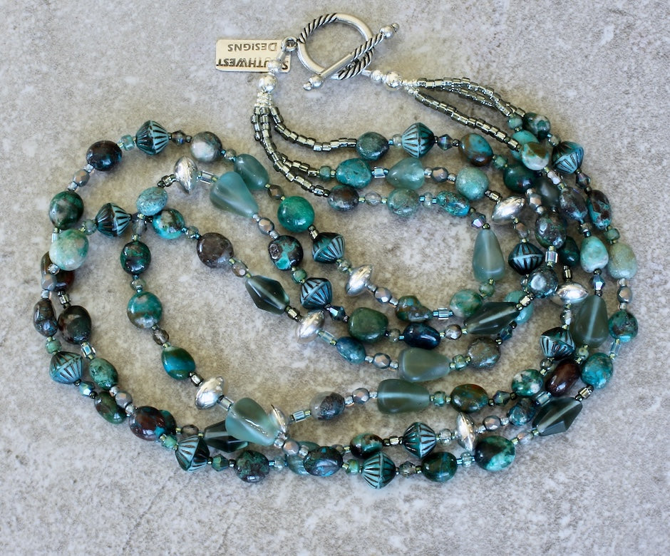 Chrysocolla Ovals 3-Strand Necklace with Apatite, Czech Glass and Sterling Silver