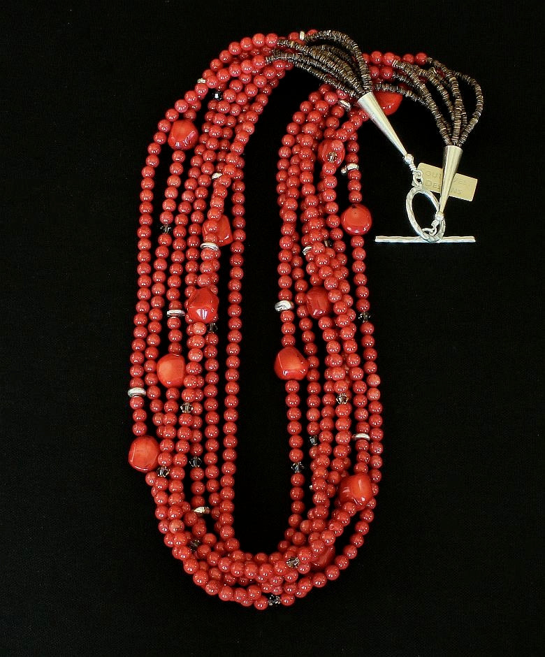 Bamboo Coral Rounds 7-Strand Necklace with Coral Nuggets, Swarovski Crystal, and Sterling Silver Discs & Toggle Clasp