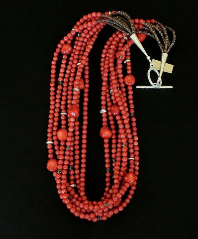Bamboo Coral Rounds 7-Strand Necklace with Coral Nuggets, Swarovski Crystal, and Sterling Silver Discs & Toggle Clasp