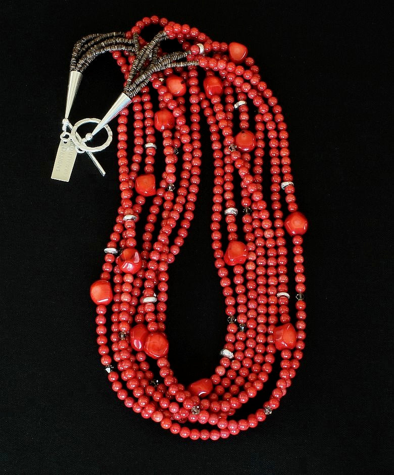Bamboo Coral Rounds 7-Strand Necklace with Coral Nuggets, Swarovski Crystal, and Sterling Silver Discs & Toggle Clasp