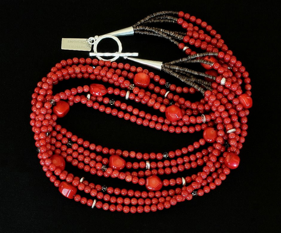 Bamboo Coral Rounds 7-Strand Necklace with Coral Nuggets, Swarovski Crystal, and Sterling Silver Discs & Toggle Clasp
