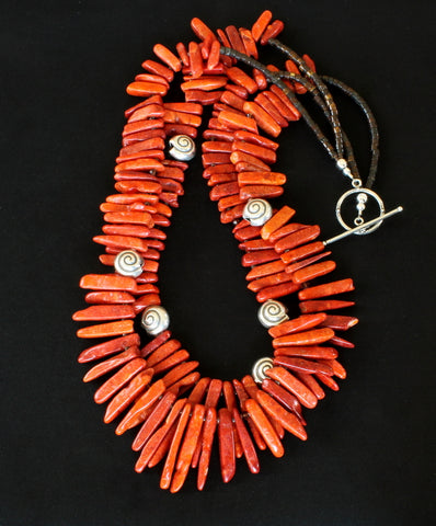 Graduated Coral Spike 2-Strand Necklace with Sterling Silver Beads and Toggle Clasp
